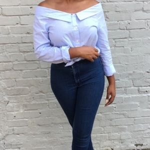 Off Shoulder Blue Button Down Top